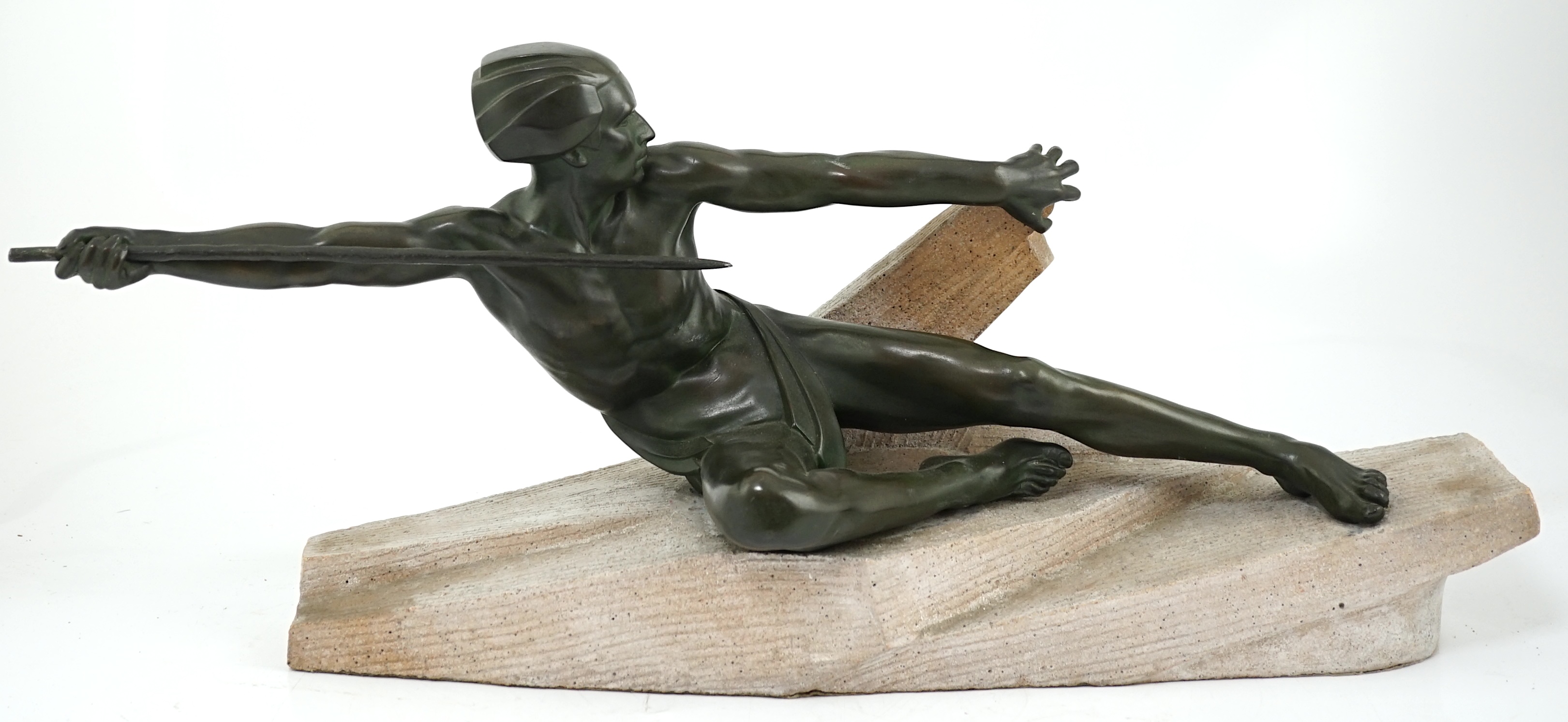 Max Le Verriere, (1891-1973), a French Art Deco bronzed spelter figure, 'L'Embuscade'